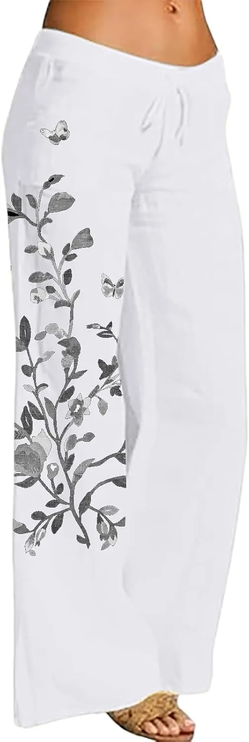 Women Linen Palazzo Pants 2025 Summer High Waisted Wide Leg Lounge Pants Pleated Beach Travel Trousers with Pocket