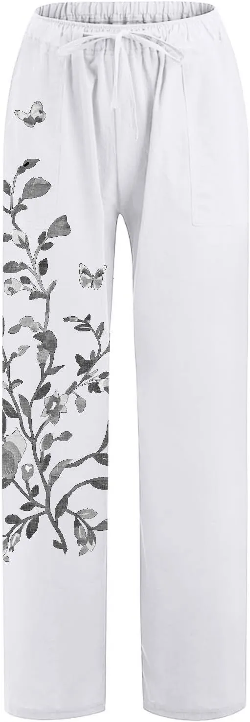 Women Linen Palazzo Pants 2025 Summer High Waisted Wide Leg Lounge Pants Pleated Beach Travel Trousers with Pocket