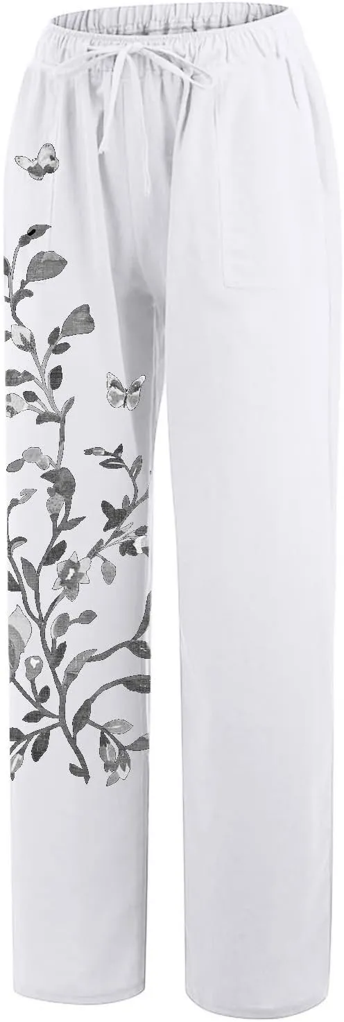 Women Linen Palazzo Pants 2025 Summer High Waisted Wide Leg Lounge Pants Pleated Beach Travel Trousers with Pocket