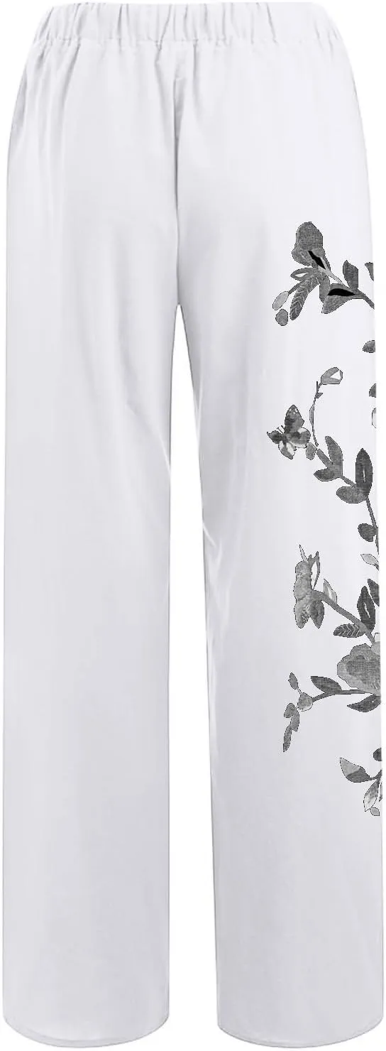 Women Linen Palazzo Pants 2025 Summer High Waisted Wide Leg Lounge Pants Pleated Beach Travel Trousers with Pocket