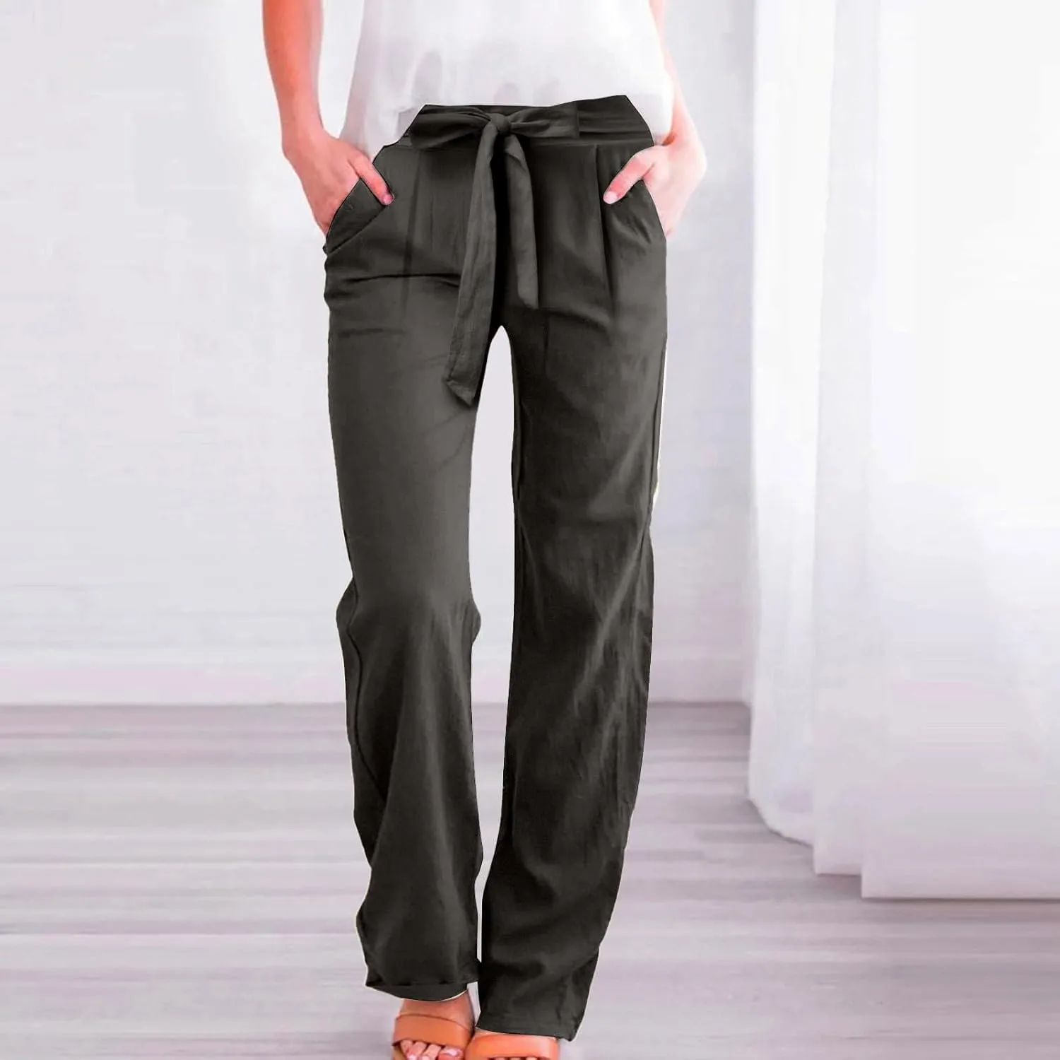 Women Linen Pants Casual Drawstring High Waisted Straight Leg Summer Pants Casual Comfy Beach Trouser with Pockets