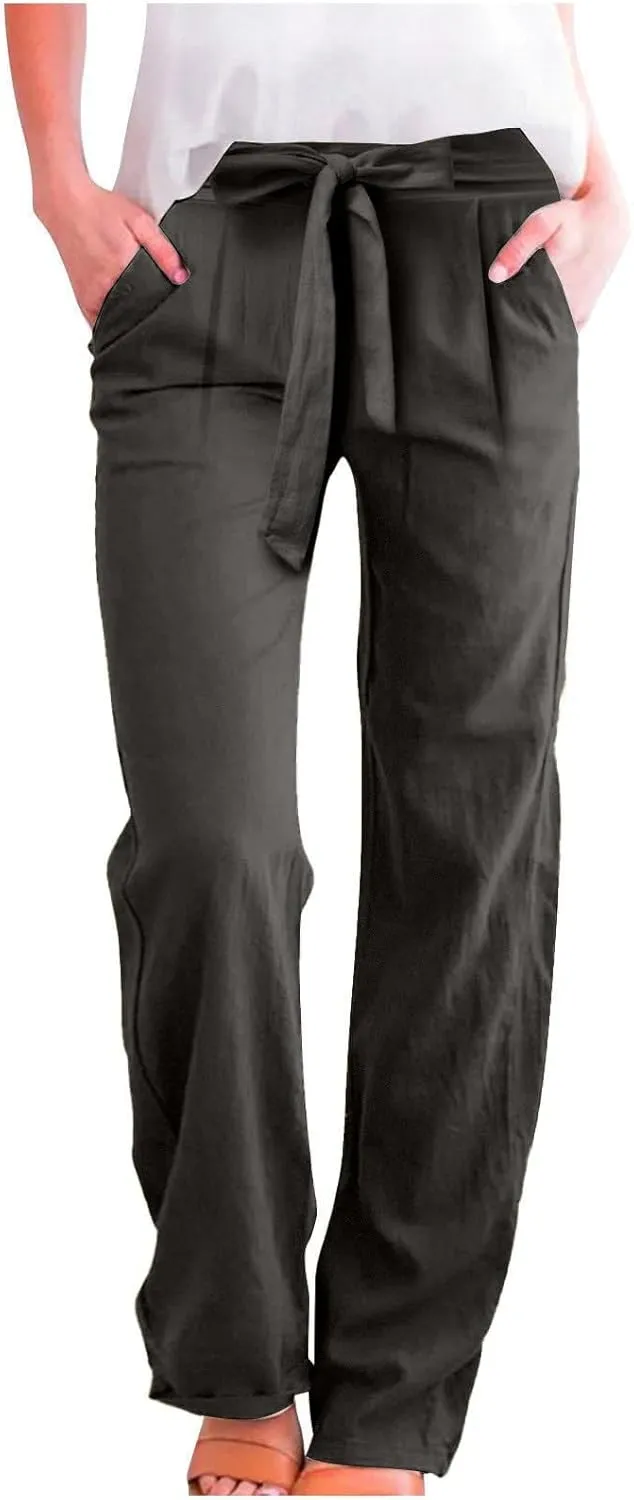 Women Linen Pants Casual Drawstring High Waisted Straight Leg Summer Pants Casual Comfy Beach Trouser with Pockets