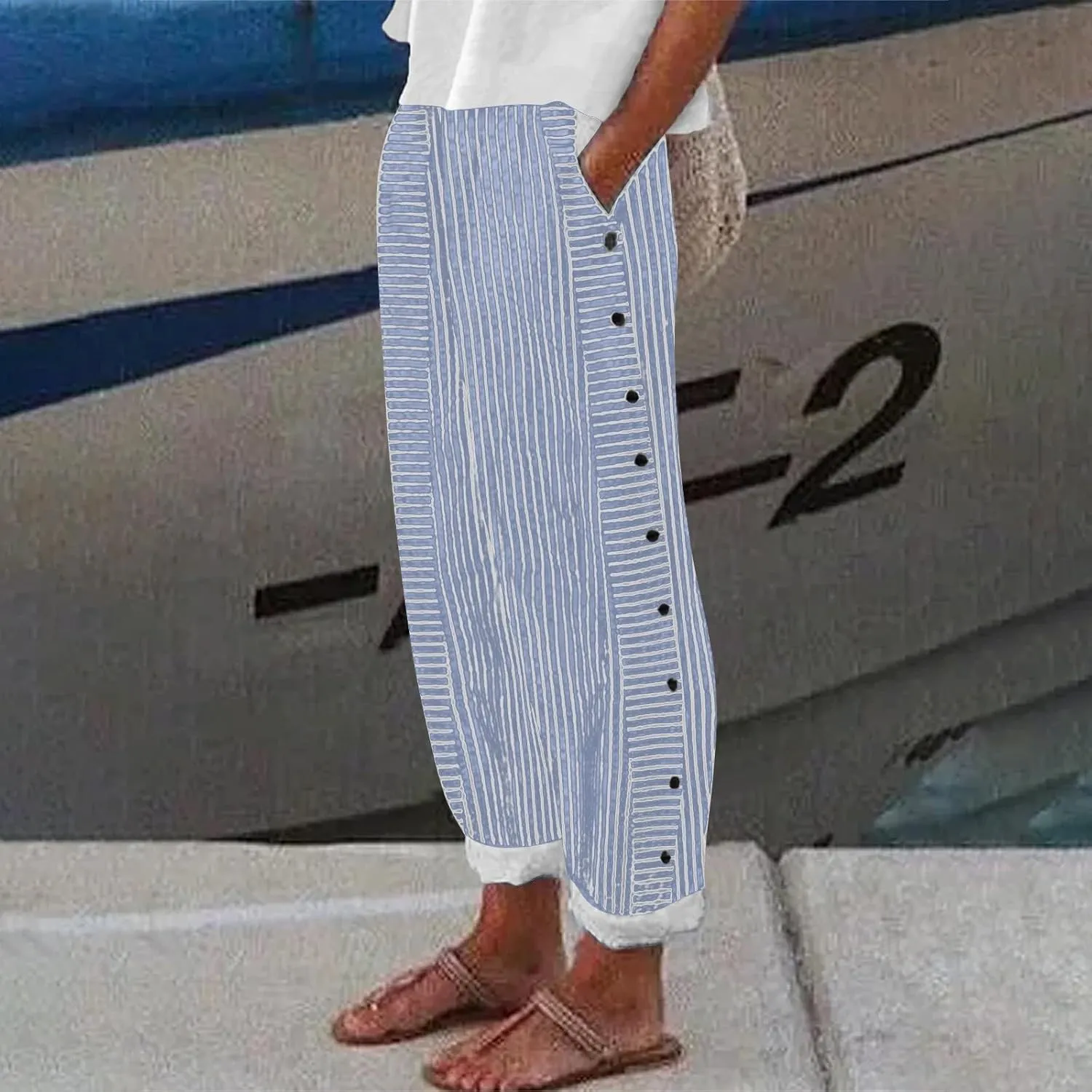Women Linen Pants High Waist Adjustable High Waisted Dressy Trousers Linen Pants Women Summer Solid Lounge Long Trousers