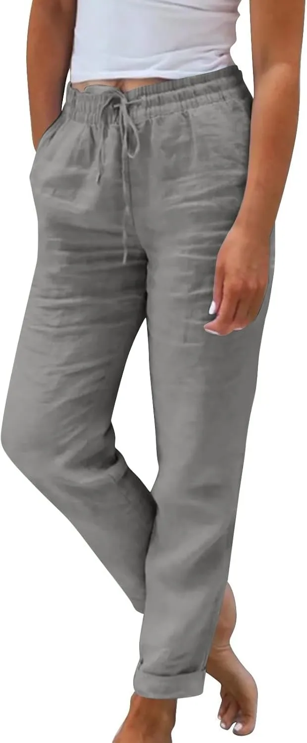 Women Linen Pants Summer Drawstring High Waisted Straight Leg Cotton Pants Casual Comfy Beach Trouser with Pockets