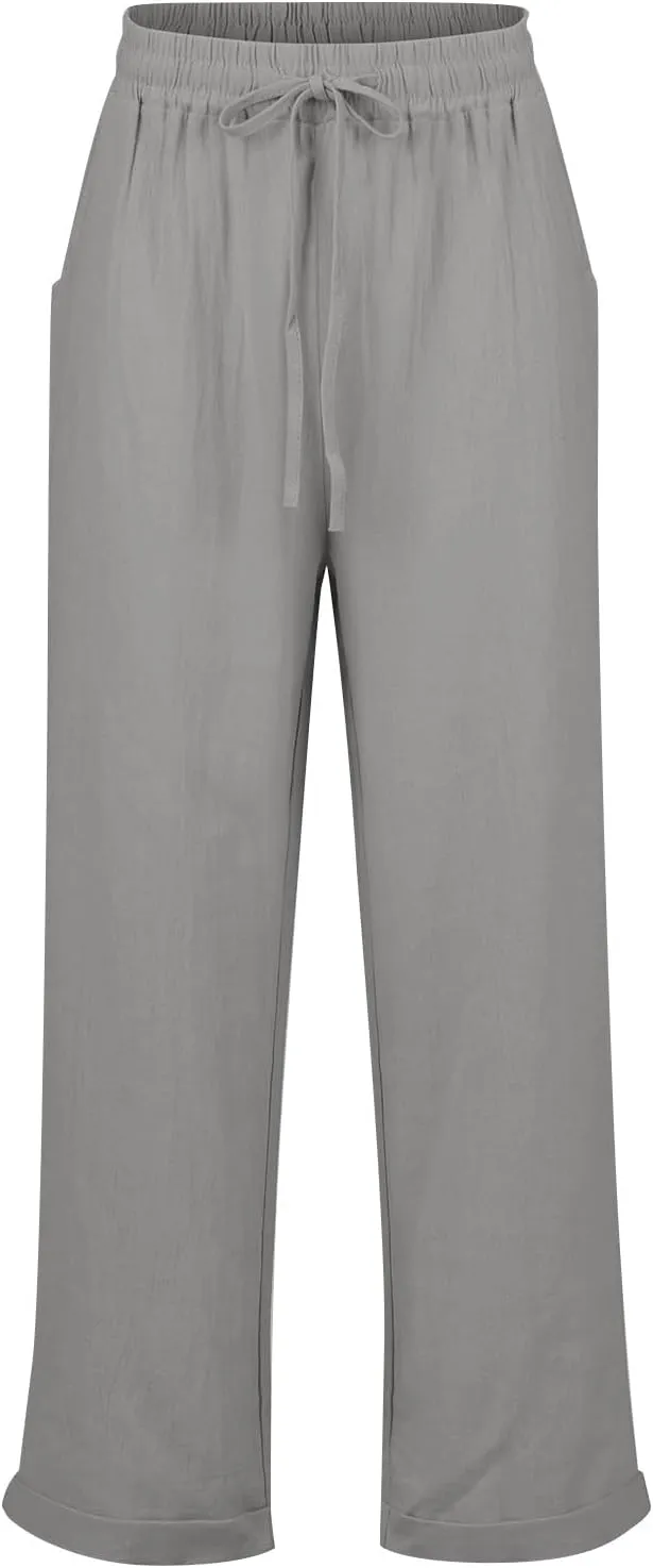 Women Linen Pants Summer Drawstring High Waisted Straight Leg Cotton Pants Casual Comfy Beach Trouser with Pockets