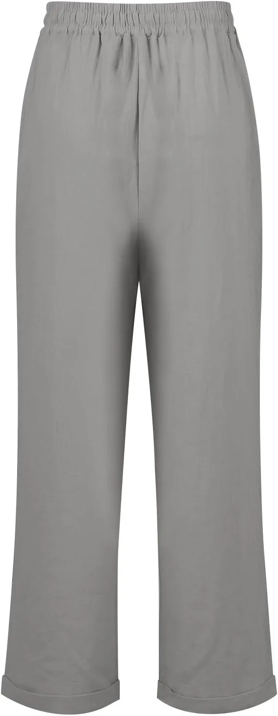 Women Linen Pants Summer Drawstring High Waisted Straight Leg Cotton Pants Casual Comfy Beach Trouser with Pockets