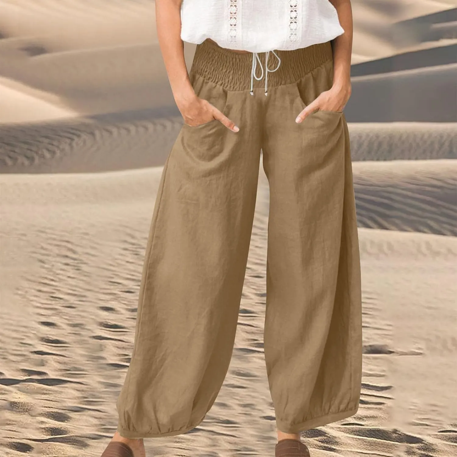 Women Linen Pants Summer Wide Leg High Waisted Loose Fit Pants Baggy Harem Palazzo Pant Beach Trousers with Pockets