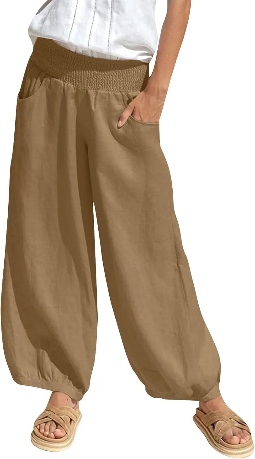 Women Linen Pants Summer Wide Leg High Waisted Loose Fit Pants Baggy Harem Palazzo Pant Beach Trousers with Pockets