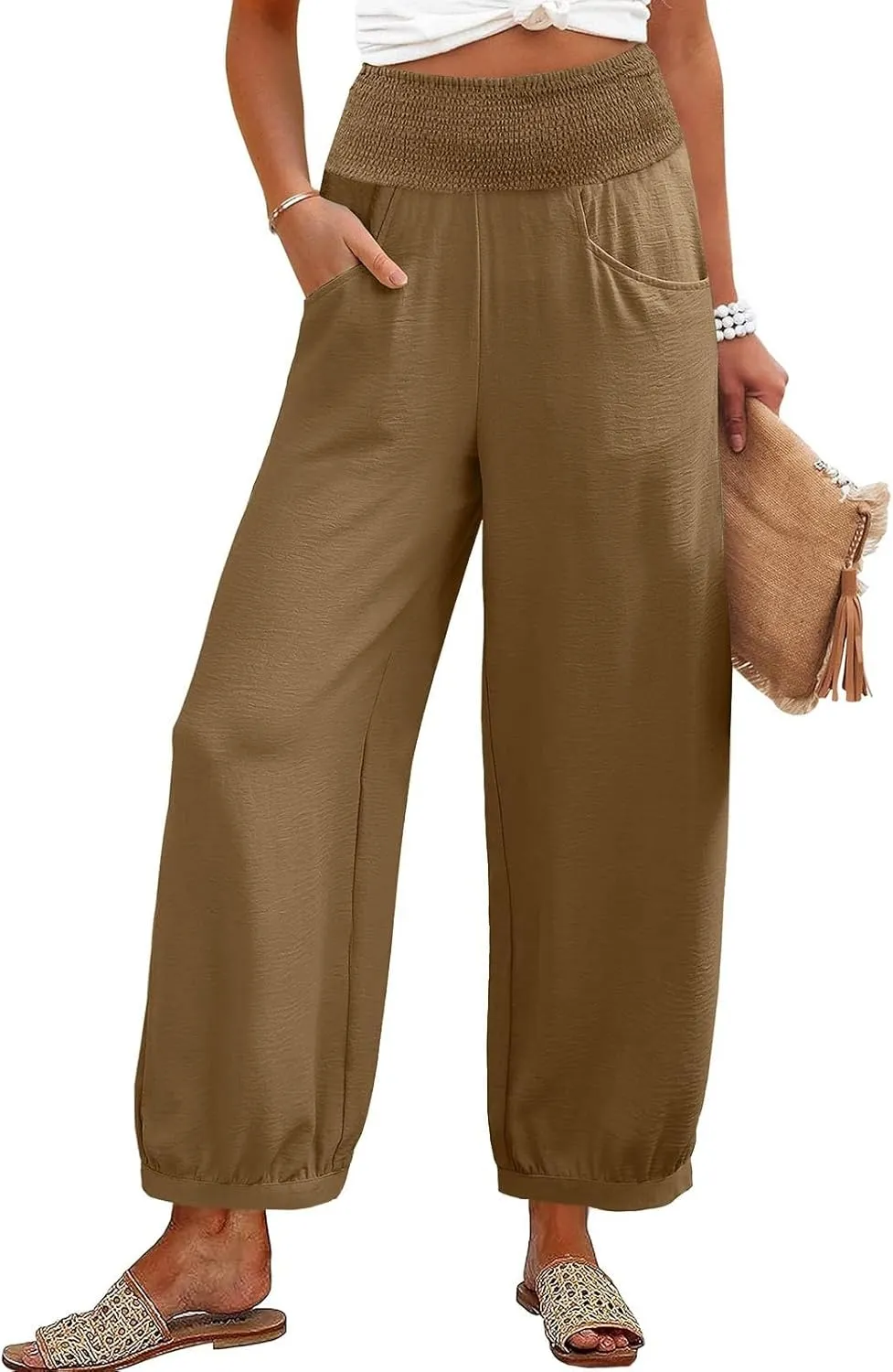 Women Linen Pants Summer Wide Leg High Waisted Loose Fit Pants Baggy Harem Palazzo Pant Beach Trousers with Pockets