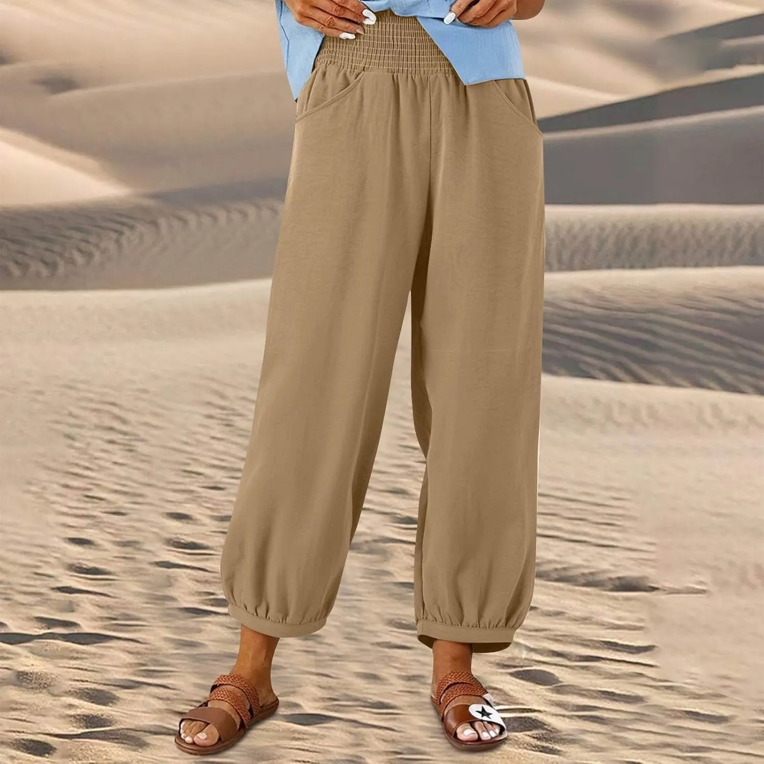 Women Linen Pants Summer Wide Leg High Waisted Loose Fit Pants Baggy Harem Palazzo Pant Beach Trousers with Pockets