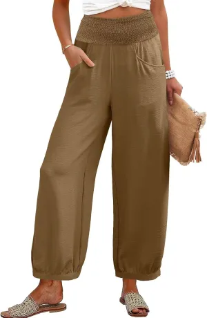 Women Linen Pants Summer Wide Leg High Waisted Loose Fit Pants Baggy Harem Palazzo Pant Beach Trousers with Pockets