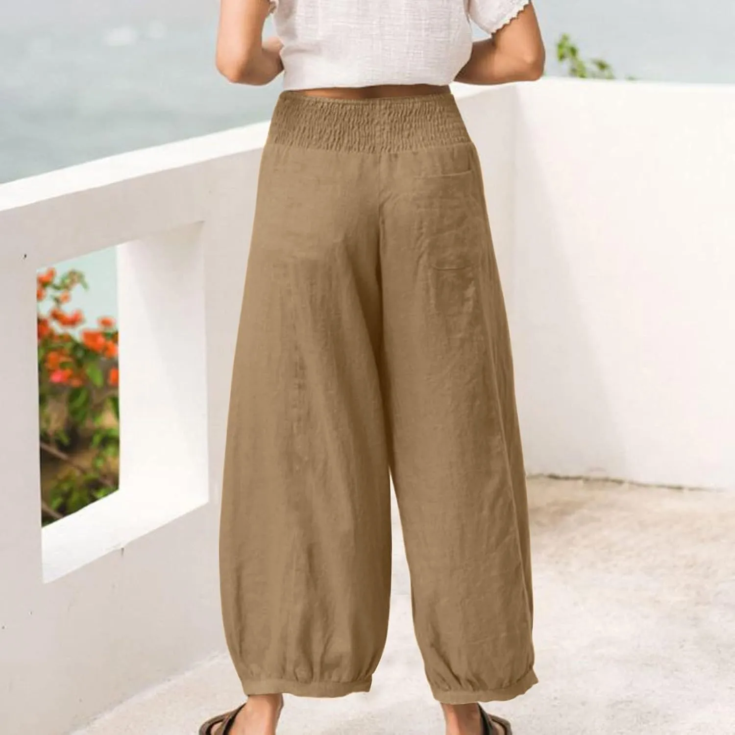 Women Linen Pants Summer Wide Leg High Waisted Loose Fit Pants Baggy Harem Palazzo Pant Beach Trousers with Pockets
