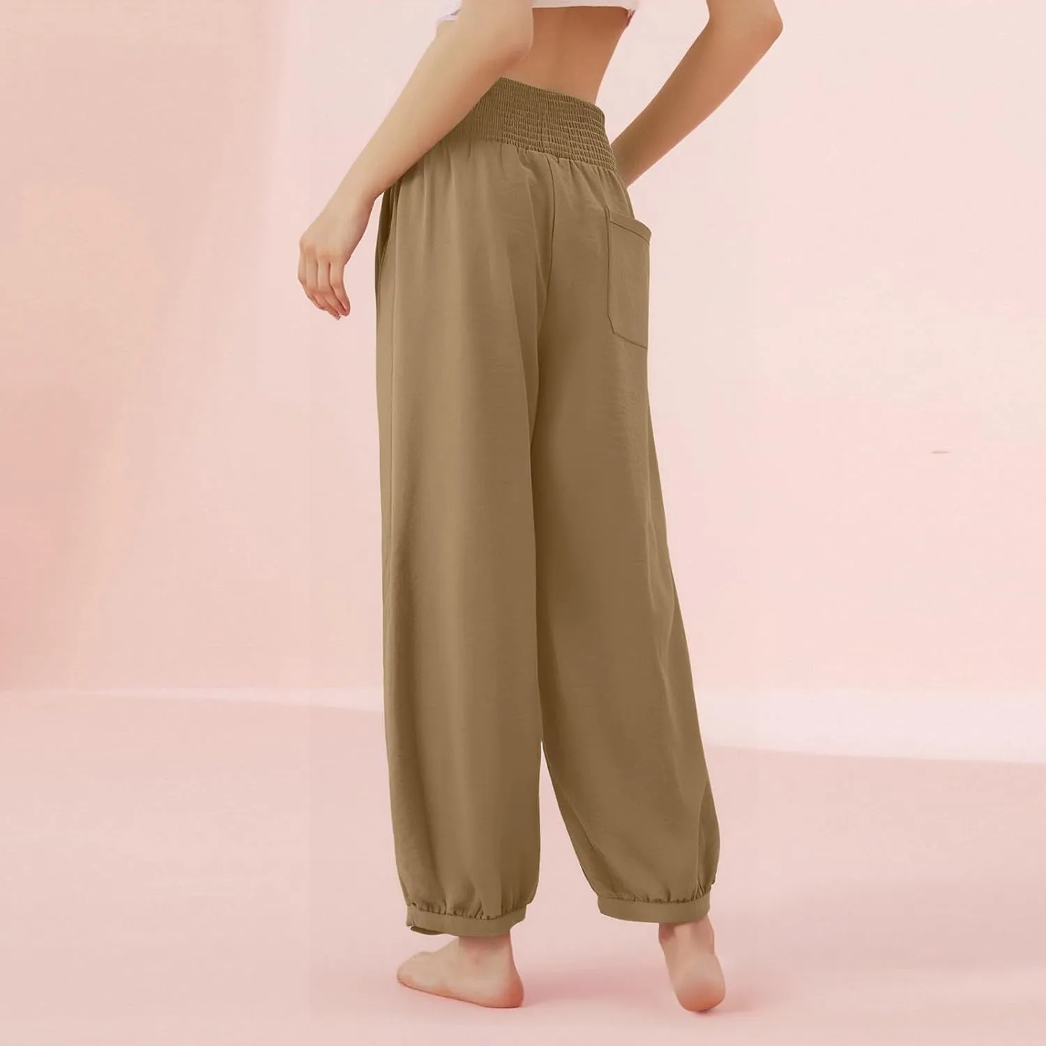 Women Linen Pants Summer Wide Leg High Waisted Loose Fit Pants Baggy Harem Palazzo Pant Beach Trousers with Pockets