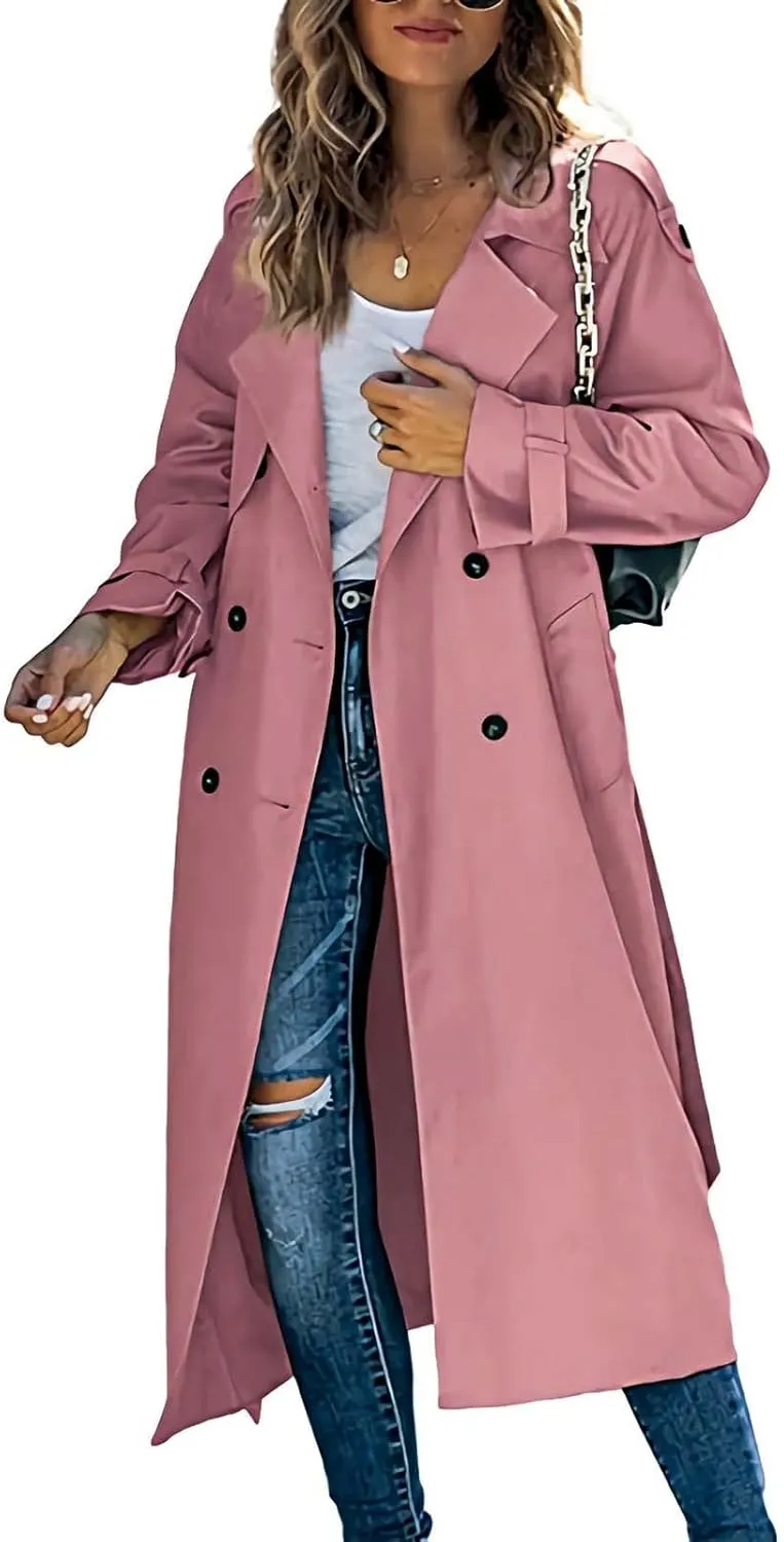 Women Notch Lapel Collar Trench Coats Open Front Cardigan Double Breasted Jacket Casual Long Peacoat 2022 Trendy Clothes