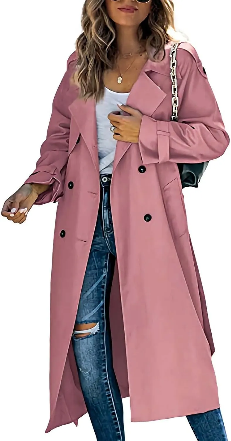 Women Notch Lapel Collar Trench Coats Open Front Cardigan Double Breasted Jacket Casual Long Peacoat 2022 Trendy Clothes
