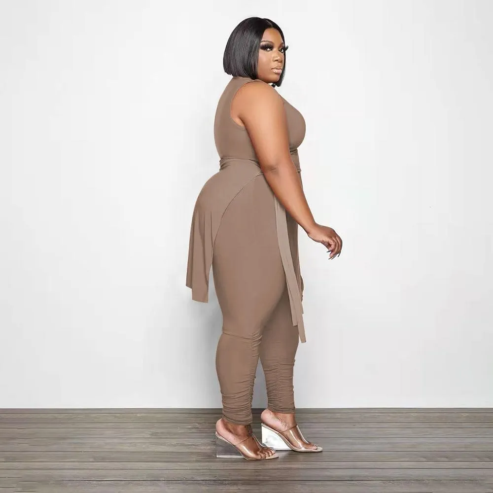 Women Plus Size 2 Piece Outfits Jumpsuit Camouflage Print Sleeveless Slit Tunic Tops Pant Set