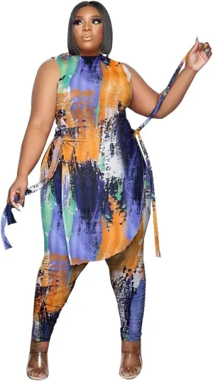 Women Plus Size 2 Piece Outfits Jumpsuit Camouflage Print Sleeveless Slit Tunic Tops Pant Set