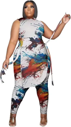 Women Plus Size 2 Piece Outfits Jumpsuit Camouflage Print Sleeveless Slit Tunic Tops Pant Set