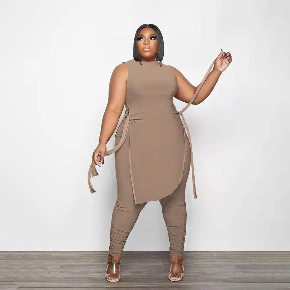 Women Plus Size 2 Piece Outfits Jumpsuit Camouflage Print Sleeveless Slit Tunic Tops Pant Set