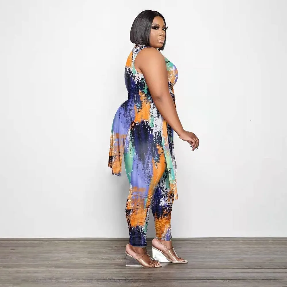 Women Plus Size 2 Piece Outfits Jumpsuit Camouflage Print Sleeveless Slit Tunic Tops Pant Set