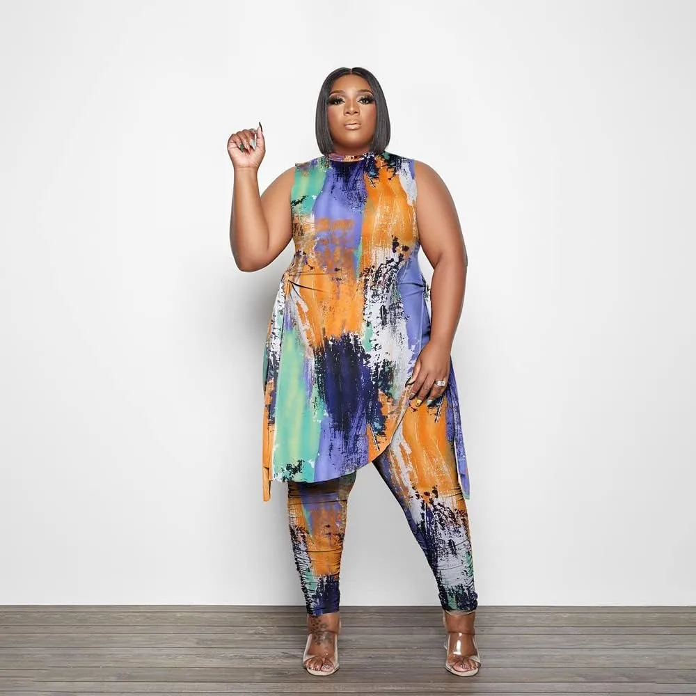 Women Plus Size 2 Piece Outfits Jumpsuit Camouflage Print Sleeveless Slit Tunic Tops Pant Set