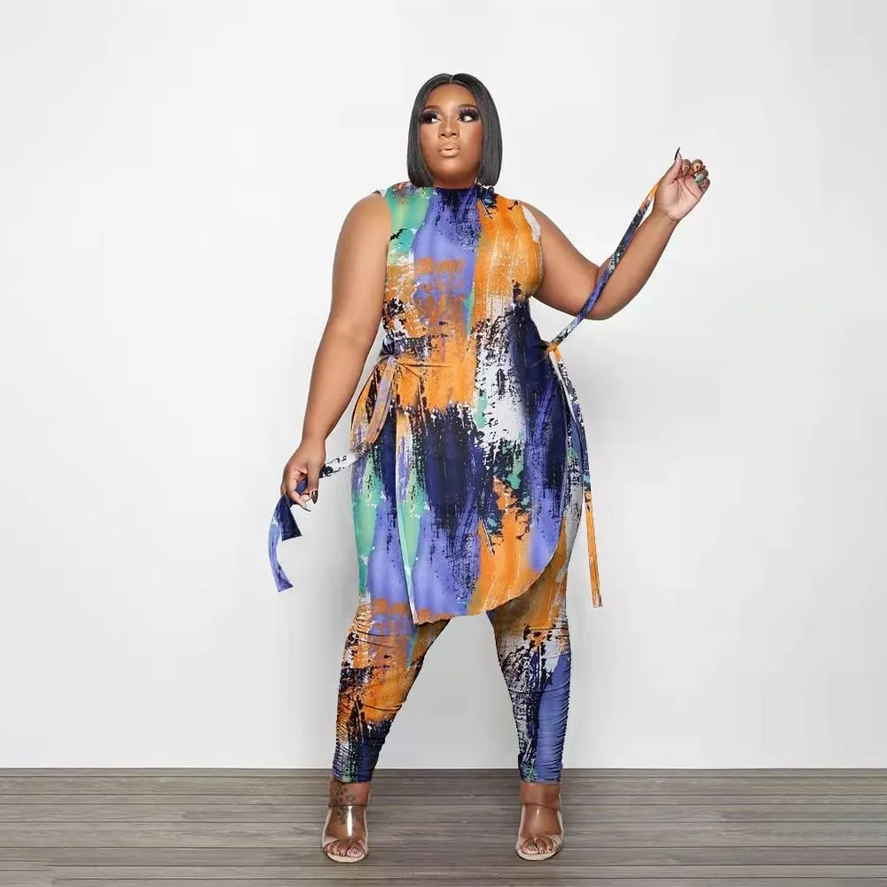 Women Plus Size 2 Piece Outfits Jumpsuit Camouflage Print Sleeveless Slit Tunic Tops Pant Set