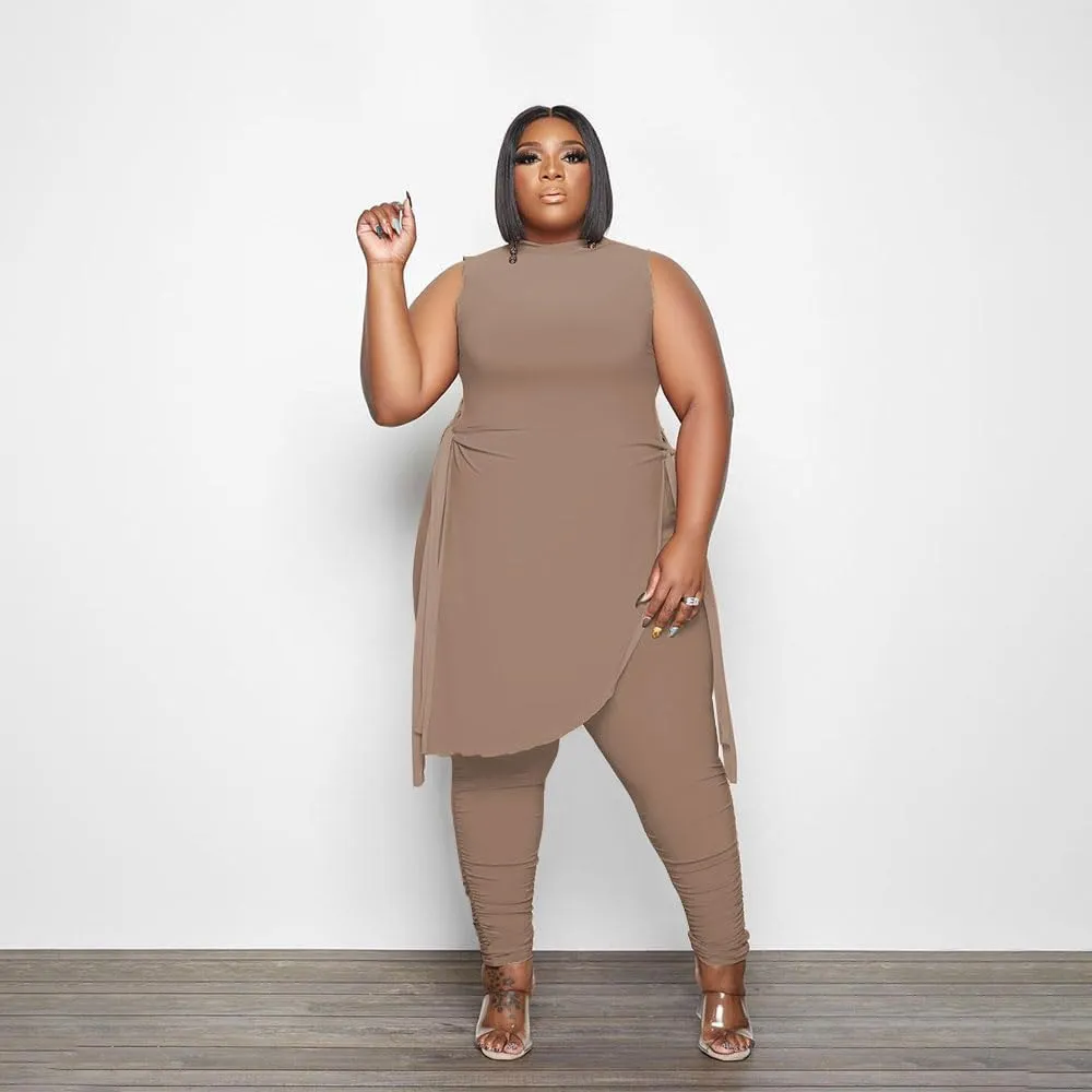 Women Plus Size 2 Piece Outfits Jumpsuit Camouflage Print Sleeveless Slit Tunic Tops Pant Set