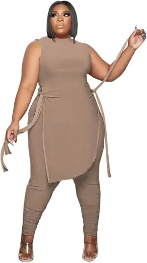 Women Plus Size 2 Piece Outfits Jumpsuit Camouflage Print Sleeveless Slit Tunic Tops Pant Set