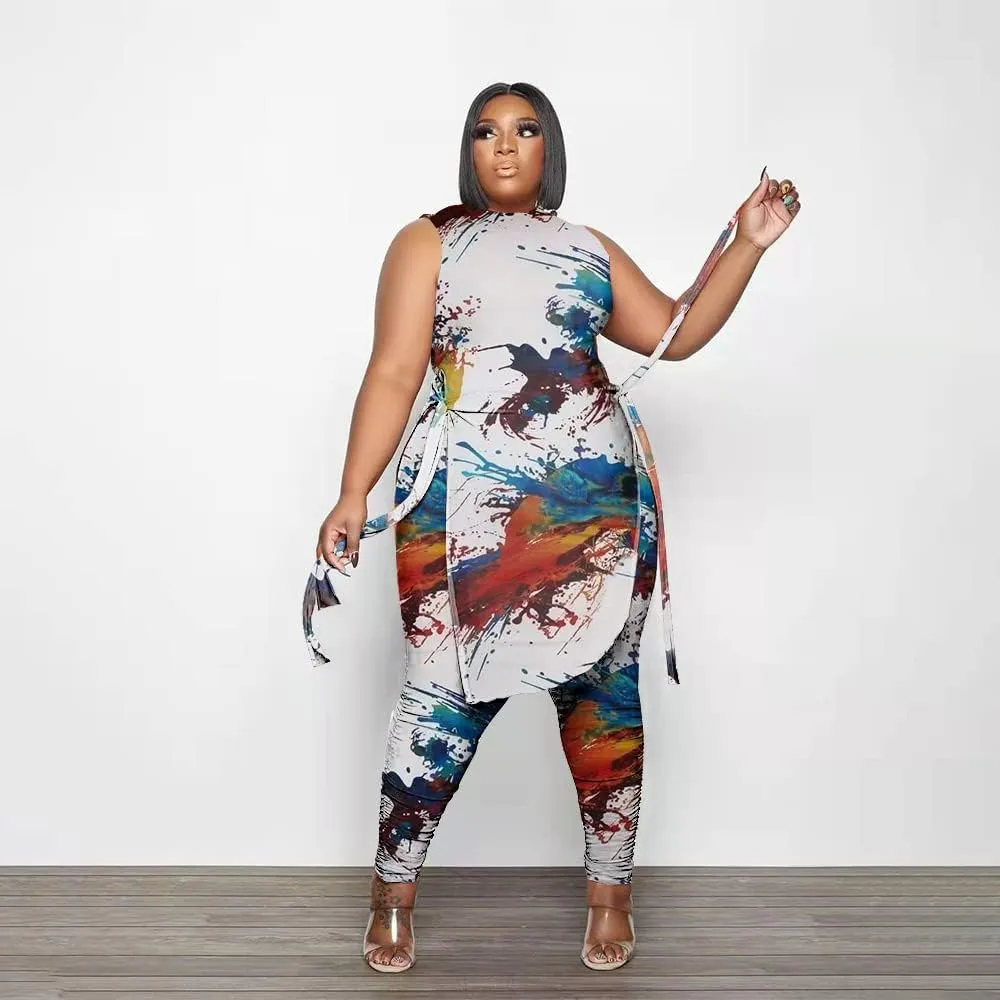 Women Plus Size 2 Piece Outfits Jumpsuit Camouflage Print Sleeveless Slit Tunic Tops Pant Set