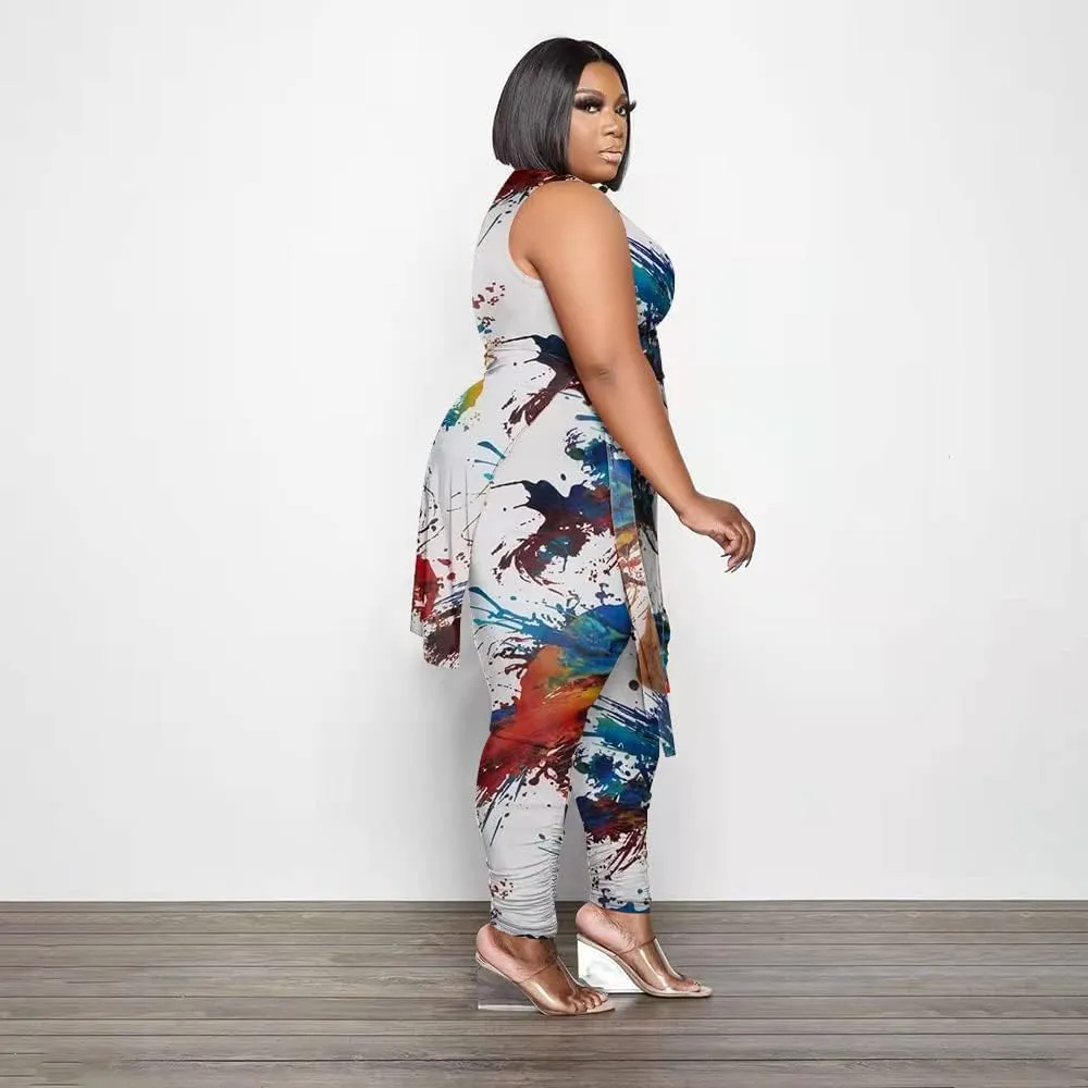 Women Plus Size 2 Piece Outfits Jumpsuit Camouflage Print Sleeveless Slit Tunic Tops Pant Set