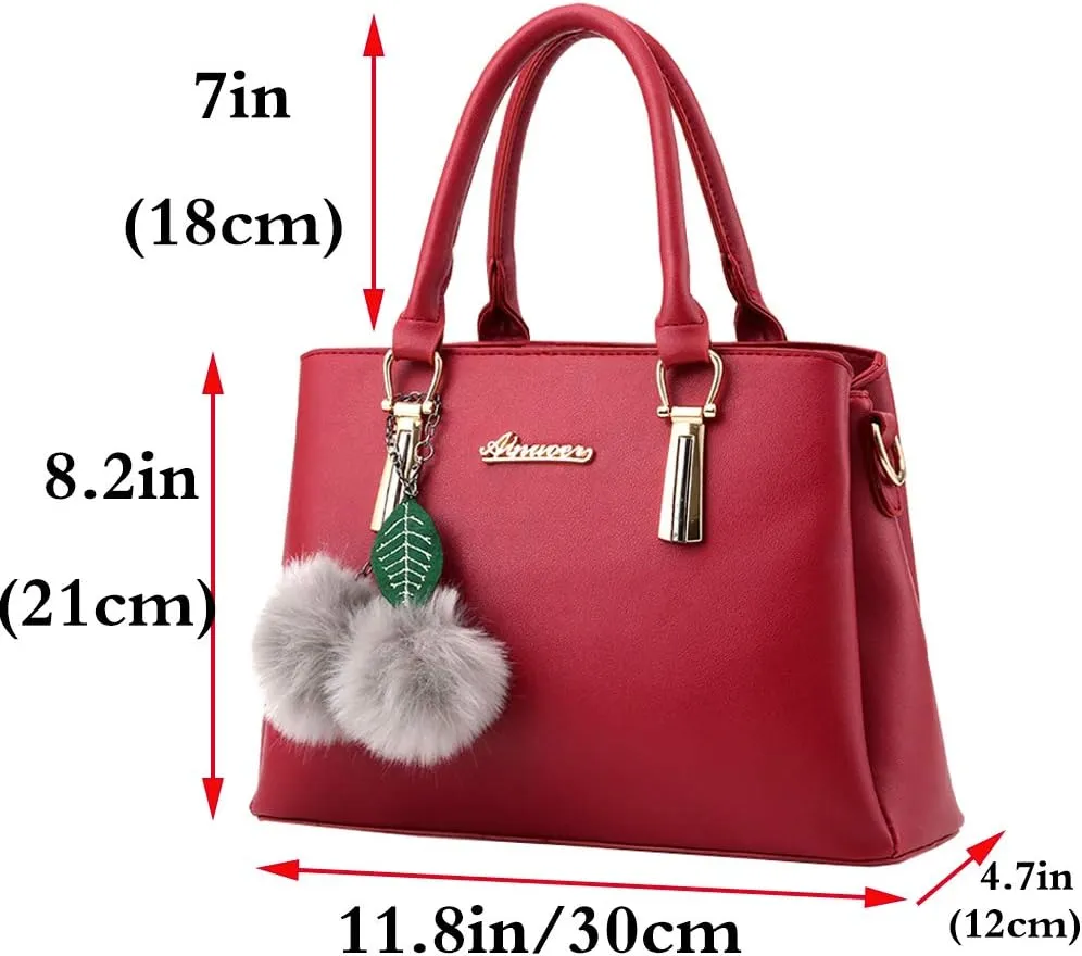 Women Satchel Shoulder Top-handle Bag with Plush Ornaments Tote Purse Handbag