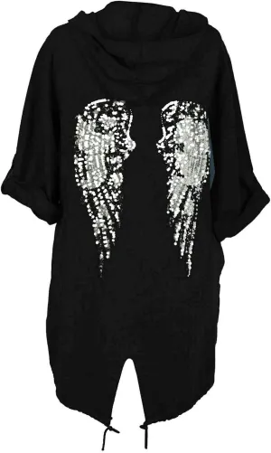 Women Sequin Angel Wings Back Baggy Oversized Hoodie Cardigan Jacket Sweatshirt Top