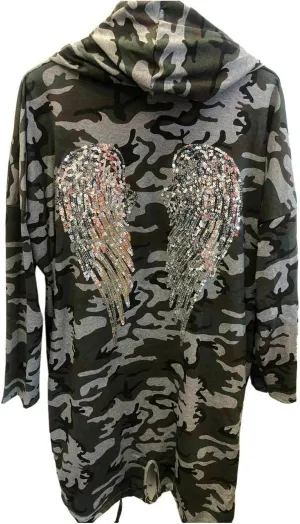 Women Sequin Angel Wings Back Baggy Oversized Hoodie Cardigan Jacket Sweatshirt Top