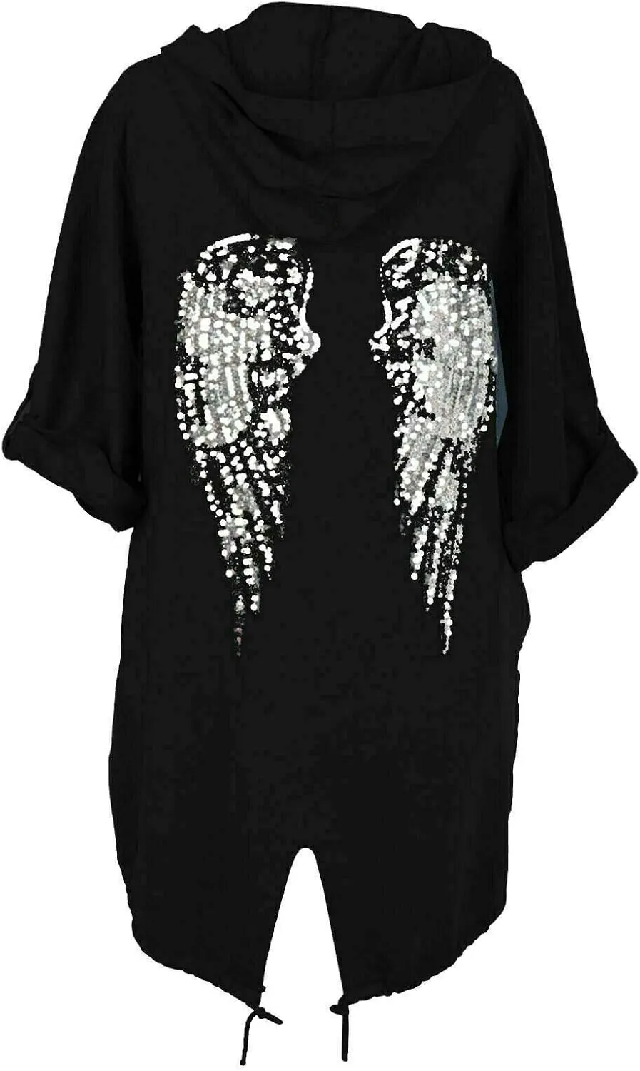 Women Sequin Angel Wings Back Baggy Oversized Hoodie Cardigan Jacket Sweatshirt Top