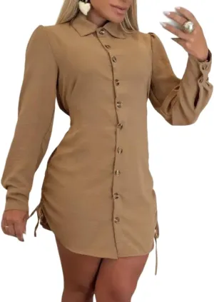Women Shirt Dress Sexy Long Sleeve Button Down Blouses Side Drawstring Mini Dresses