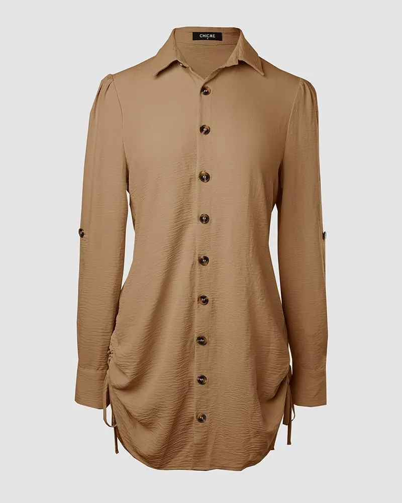 Women Shirt Dress Sexy Long Sleeve Button Down Blouses Side Drawstring Mini Dresses