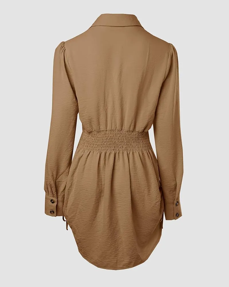 Women Shirt Dress Sexy Long Sleeve Button Down Blouses Side Drawstring Mini Dresses