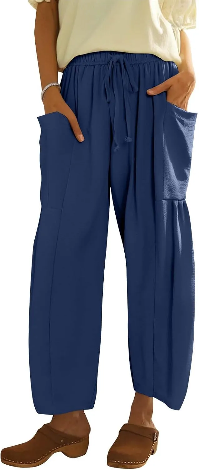 Women Summer Beach Vacation Pants Wide Leg High Waisted Drawstring Pants Casual Boho Loose Trendy Palazzo Clothes