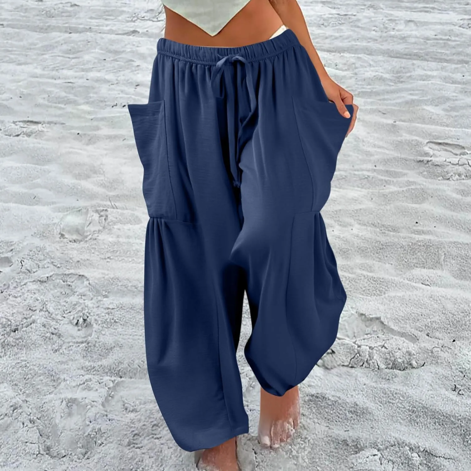 Women Summer Beach Vacation Pants Wide Leg High Waisted Drawstring Pants Casual Boho Loose Trendy Palazzo Clothes