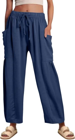 Women Summer Beach Vacation Pants Wide Leg High Waisted Drawstring Pants Casual Boho Loose Trendy Palazzo Clothes
