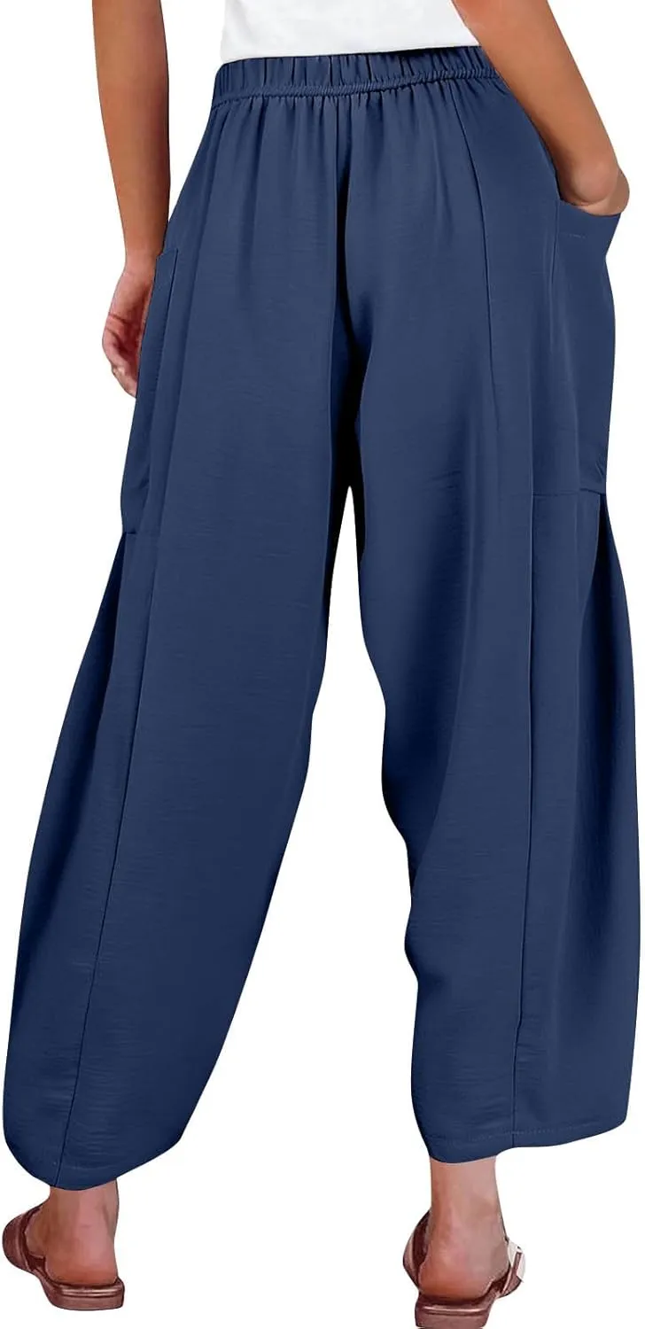 Women Summer Beach Vacation Pants Wide Leg High Waisted Drawstring Pants Casual Boho Loose Trendy Palazzo Clothes
