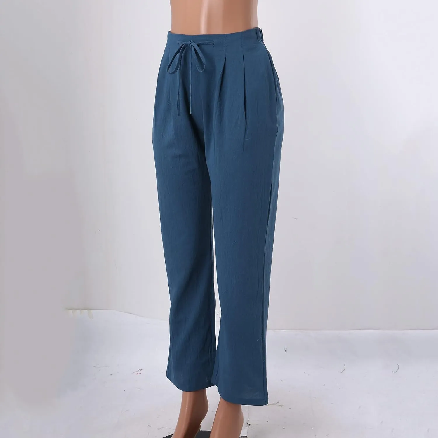 Women Summer Suitable Loose Drawstring Elastic High Waist Comfy Trousers Straight Leg Long Cropped Pants Women Casual
