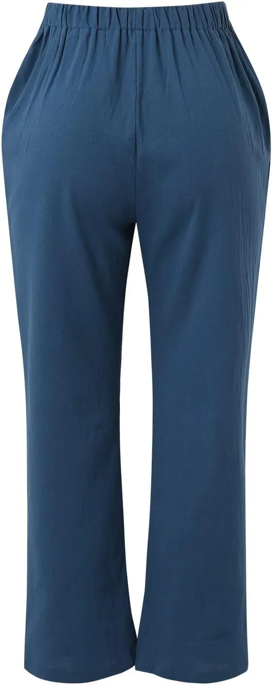 Women Summer Suitable Loose Drawstring Elastic High Waist Comfy Trousers Straight Leg Long Cropped Pants Women Casual