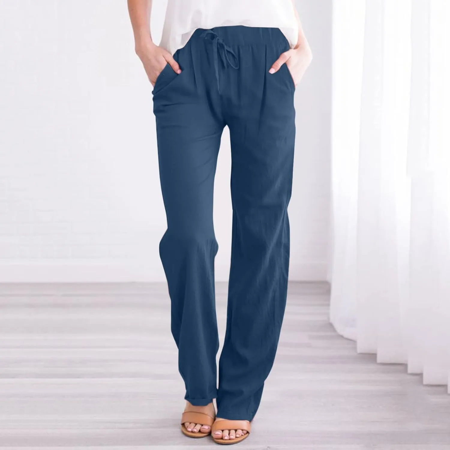 Women Summer Suitable Loose Drawstring Elastic High Waist Comfy Trousers Straight Leg Long Cropped Pants Women Casual