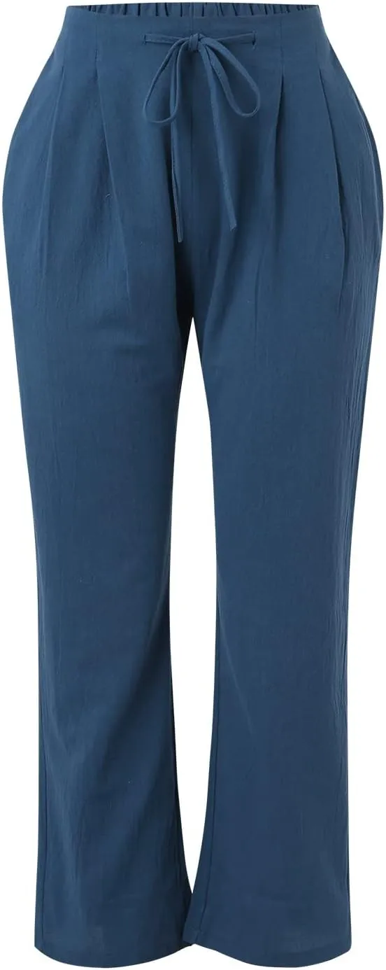 Women Summer Suitable Loose Drawstring Elastic High Waist Comfy Trousers Straight Leg Long Cropped Pants Women Casual