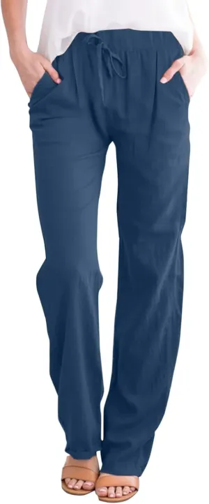 Women Summer Suitable Loose Drawstring Elastic High Waist Comfy Trousers Straight Leg Long Cropped Pants Women Casual