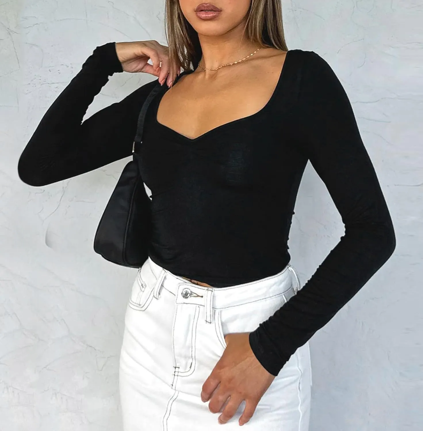 Women Sweetheart Neckline Basic Fitted Tops Long Sleeve Going Out Crop Tops Ruched T Shirts