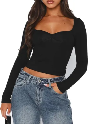 Women Sweetheart Neckline Basic Fitted Tops Long Sleeve Going Out Crop Tops Ruched T Shirts
