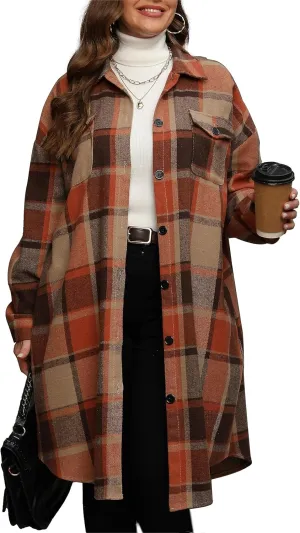 Women's 2025 Plus Size Plaid Flannel Shacket Loose Fit Long Shirts Jacket Tartan Boyfriend Oversized Coat