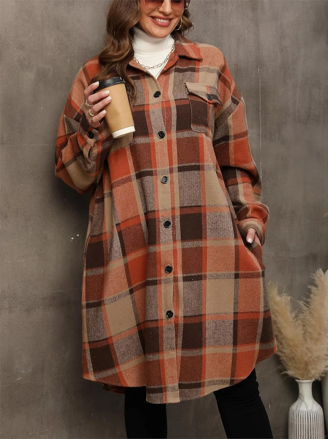 Women's 2025 Plus Size Plaid Flannel Shacket Loose Fit Long Shirts Jacket Tartan Boyfriend Oversized Coat